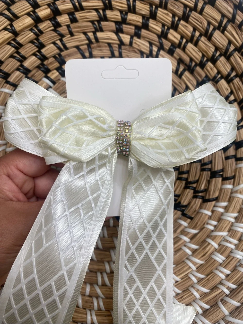 Ivory Formal Hair Bow with Rhinestone Center
